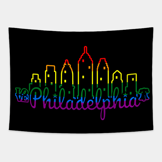 Philly Skyline Script Rainbow Line Art Philadelphia Love Liberty Bell Tapestry by TeeCreations