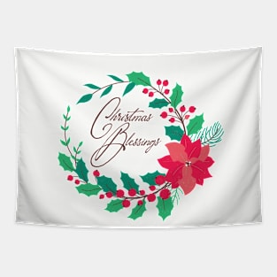 Christmas Blessings Poinsettia and Berry Wreath Tapestry