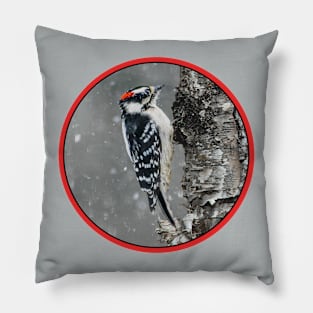 Downy Woodpecker in Snow Photograph Pillow