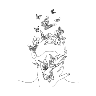 Abstract line drawing woman face with butterflys. T-Shirt