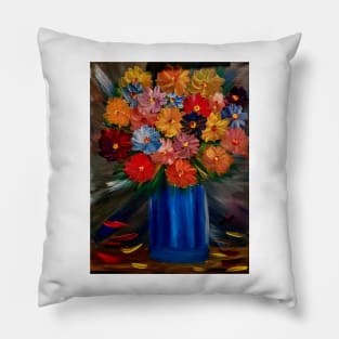 Some a lovely simple bouquet of flowers in blue vase Painted on a metallic gold and multiple colors blend. Pillow