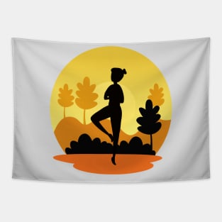 Silhouette of a female doing pilates and yoga. Tapestry