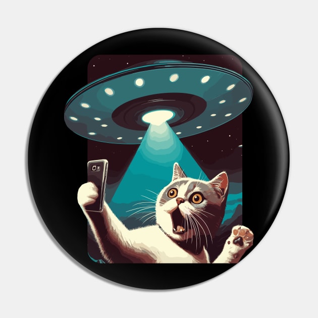 Funny Cat Selfie With UFOs Behind Pin by KromADesign