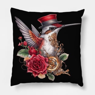 Steampunk Hummingbird with Red Hat and Clocks Pillow