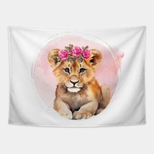 cute little lion cub with floral crown Tapestry