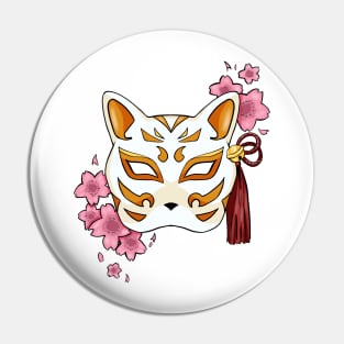 Cherry Blossom Fox Orange Mask - A Playful and Elegant Design Pin