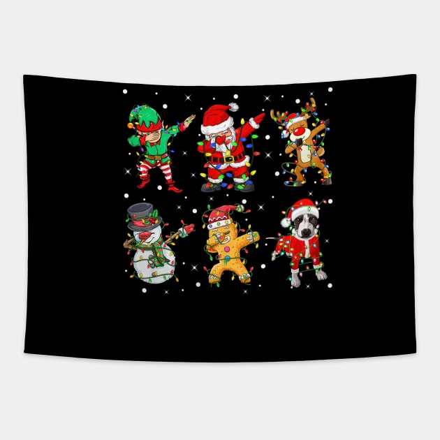 Dabbing Dab Santa Elf Pitbull Dog Friends Christmas Lights Tapestry by nvqdesigns