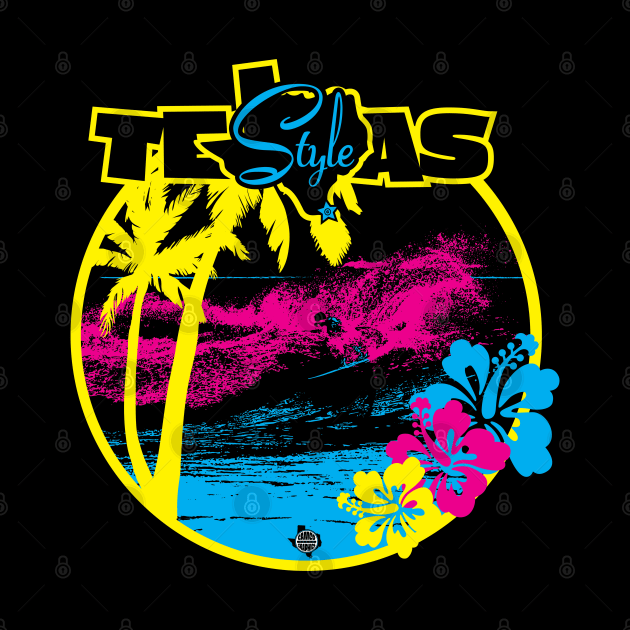 Texas Style Surfer with Palm Trees in CMYK by CamcoGraphics