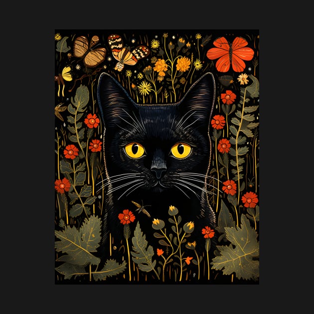 Black Cat Among Flowers and Moths - Mystical Art for Cat Lovers by KittyStampedeCo