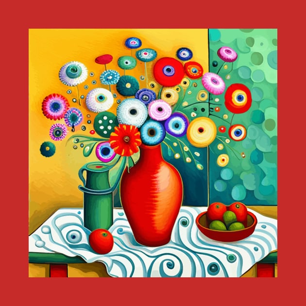 Cute Abstract Flowers in a Red Vase Still Life Painting by bragova