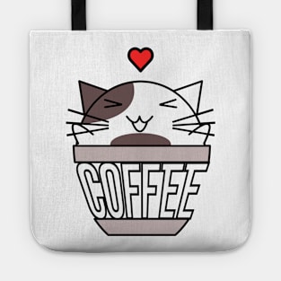 Happy cat in coffee cup with warped text heart on head brown Tote