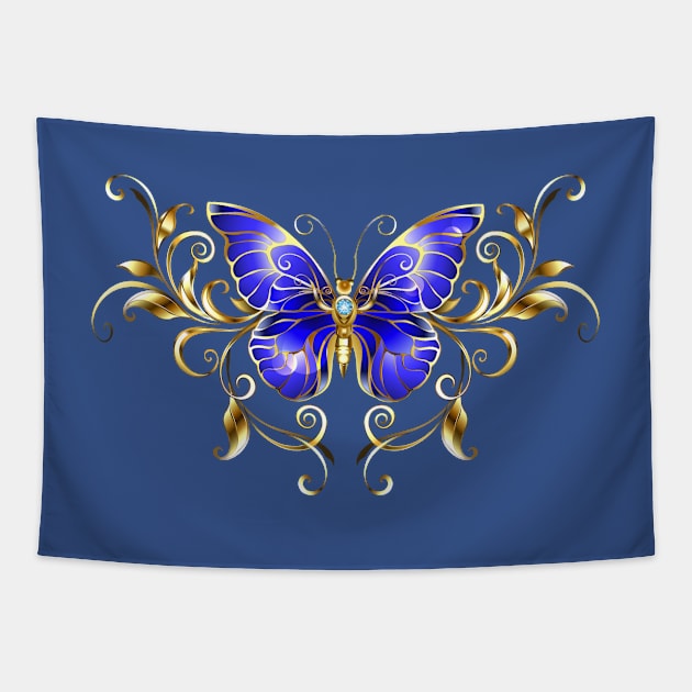 Sapphire Butterfly with Gold Pattern Tapestry by Blackmoon9