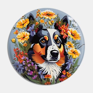 Tricolor Dog with Wildflowers Pin