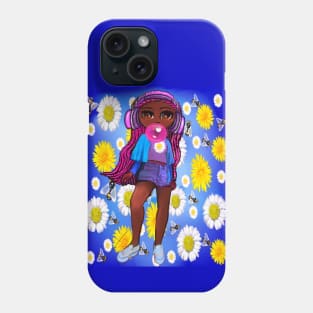 Beautiful Brown skin African American girl with Afro hair in 2 puffs blowing bubblegum and wearing headphones listening to music. Black girls rock, black girl magic,melanin poppin queen anime girl drawn in manga style Phone Case