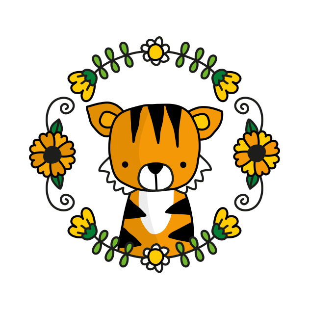 Cute little tiger in a flower wreath by illulief