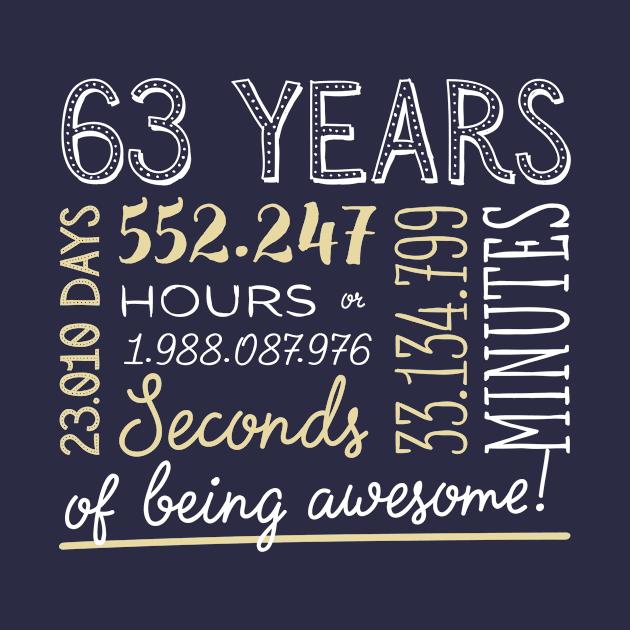 63rd Birthday Gifts - 63 Years of being Awesome in Hours & Seconds by BetterManufaktur