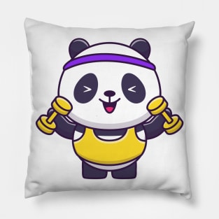 Cute Panda Gym Lifting Dumbbell Cartoon Pillow