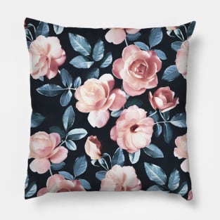 Old Fashioned Moody Roses in Salmon and Blue Grey Pillow