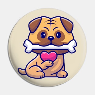 Cute Pug Dog Bite Bone And Holding Love Cartoon Pin