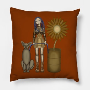 Girl with a cat and a sunflower. Steampunk (2) Pillow