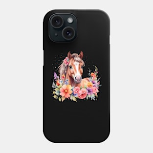 A horse decorated with beautiful watercolor flowers Phone Case