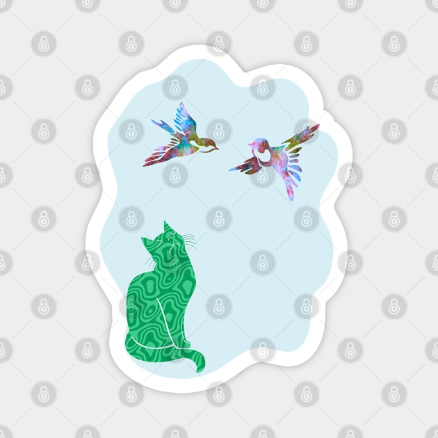 Camouflage Green Cat Watching Birds Silhouette Art Magnet by Mazz M