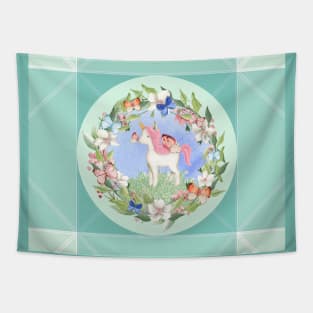 Butterfly Kisses - Cute baby Unicorn, flowers and butterflies, Green pattern surround Tapestry