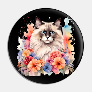 A ragdoll cat decorated with beautiful watercolor flowers Pin