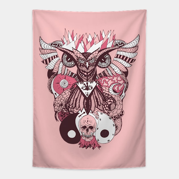 Pink and White Owl And Ageless Skull Tapestry by kenallouis