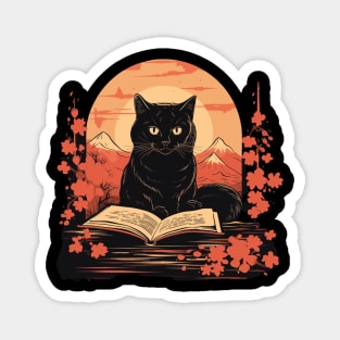 Japanese Floral Black Cat And Book Catshirt Magnet