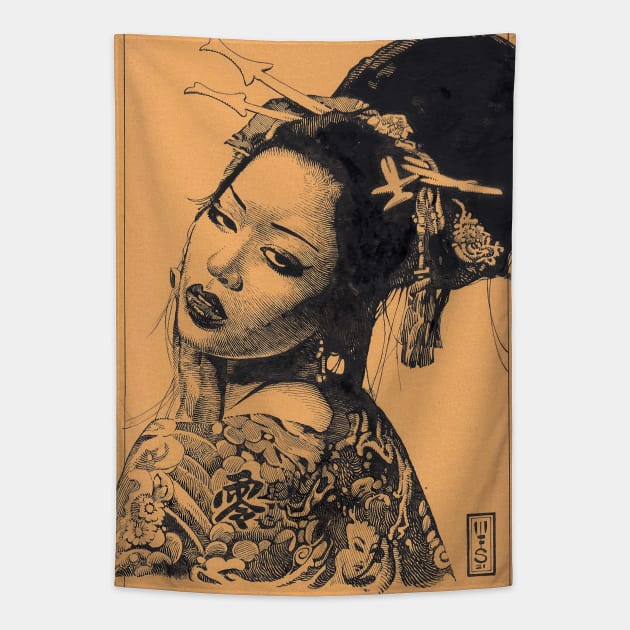 Tattooed Geisha Tapestry by MuzzaSmokesArt