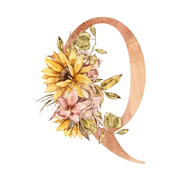 Watercolor sunflower bouquet monogram letter Q by tiana geo