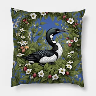 Common Loon Surrounded By Lady's Slipper Flowers Pillow