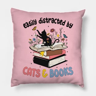 Funny Easily Distracted By Cats And Books Gifts Pillow