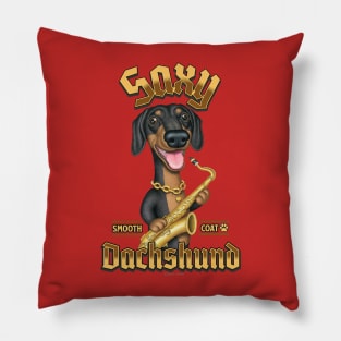 Fun Doxie Dog with sax with gold colored words Pillow