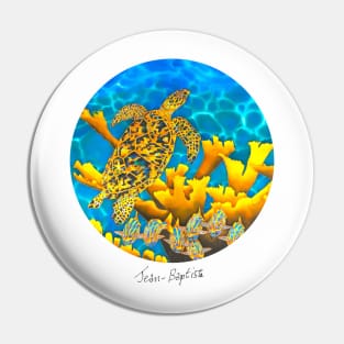 Caribbean unveiled on silk | Sea Turtle & Elkhorn Coral Pin