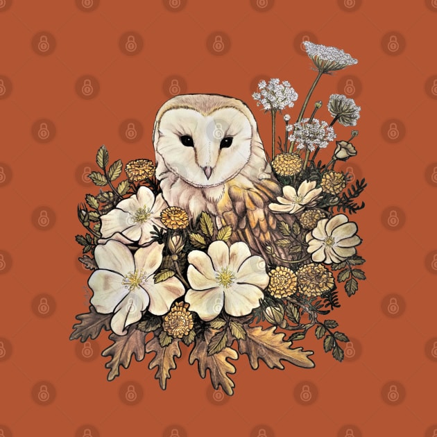 Barn owl and Wild Roses by GnarlyBones