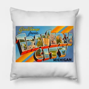 Greetings from Traverse City, Michigan - Vintage Large Letter Postcard Pillow