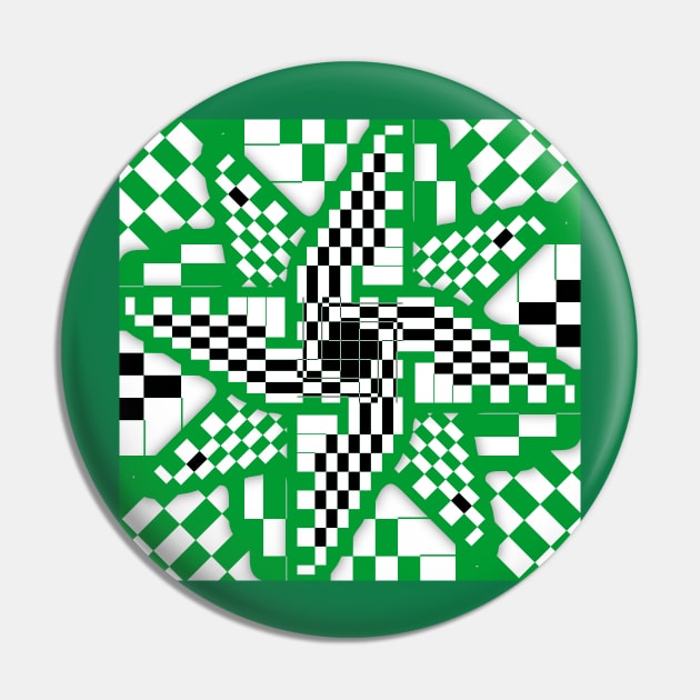 Green Black and White Checkered Pinwheel Optical Illusion Pin by SeaChangeDesign