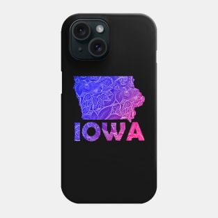 Colorful mandala art map of Iowa with text in blue and violet Phone Case