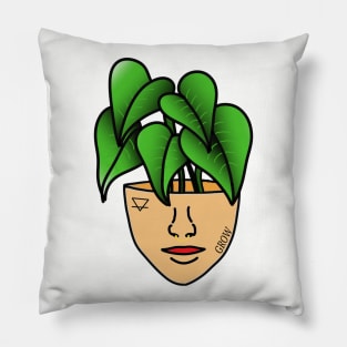 Tropical House Plant Person with Face Tattoos and Septum Piercing, Tanned Skin Pillow