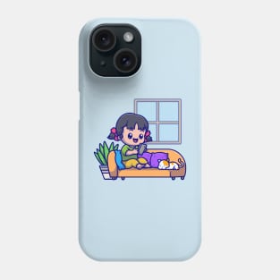 Cute Girl Operating Phone With Cat Cartoon Phone Case