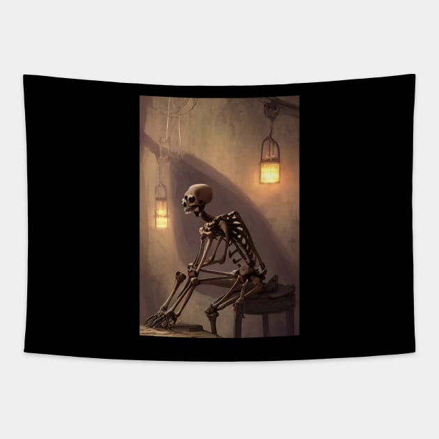 Skeleton Storebuild Tapestry by skeleton sitting chained