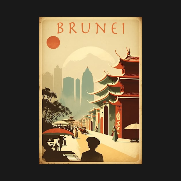 Brunei Streetscape Vintage Travel Art Poster by OldTravelArt