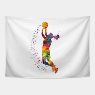 Girl Basketball Player Shooting Watercolor Tapestry