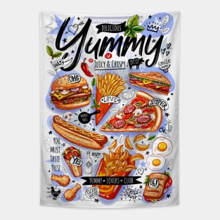 Food, yummy, print, burger, pizza, sandwich, roll, chicken Tapestry