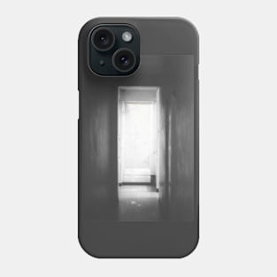 Digital collage, special processing. Room, corridor. Look from darkness to light. Grayscale. Phone Case