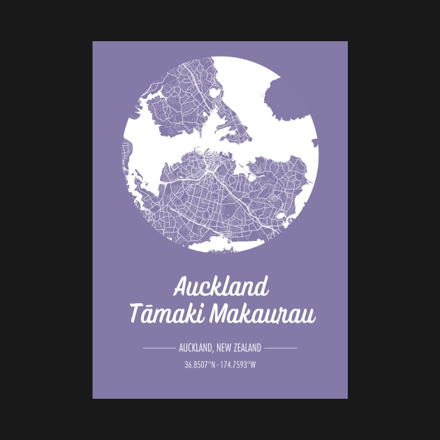 City map in purple: Auckland Tamaki Makaurau, New Zealand with retro vintage flair by AtlasMirabilis