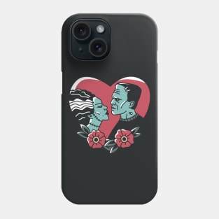 Vintage Monster Love Frankenstein's Monster and Bride of Frankenstein // Retro Tattoo Style Halloween Phone Case