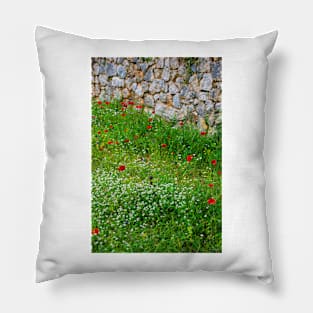 Poppies in a Meadow by a Stone Wall Pillow